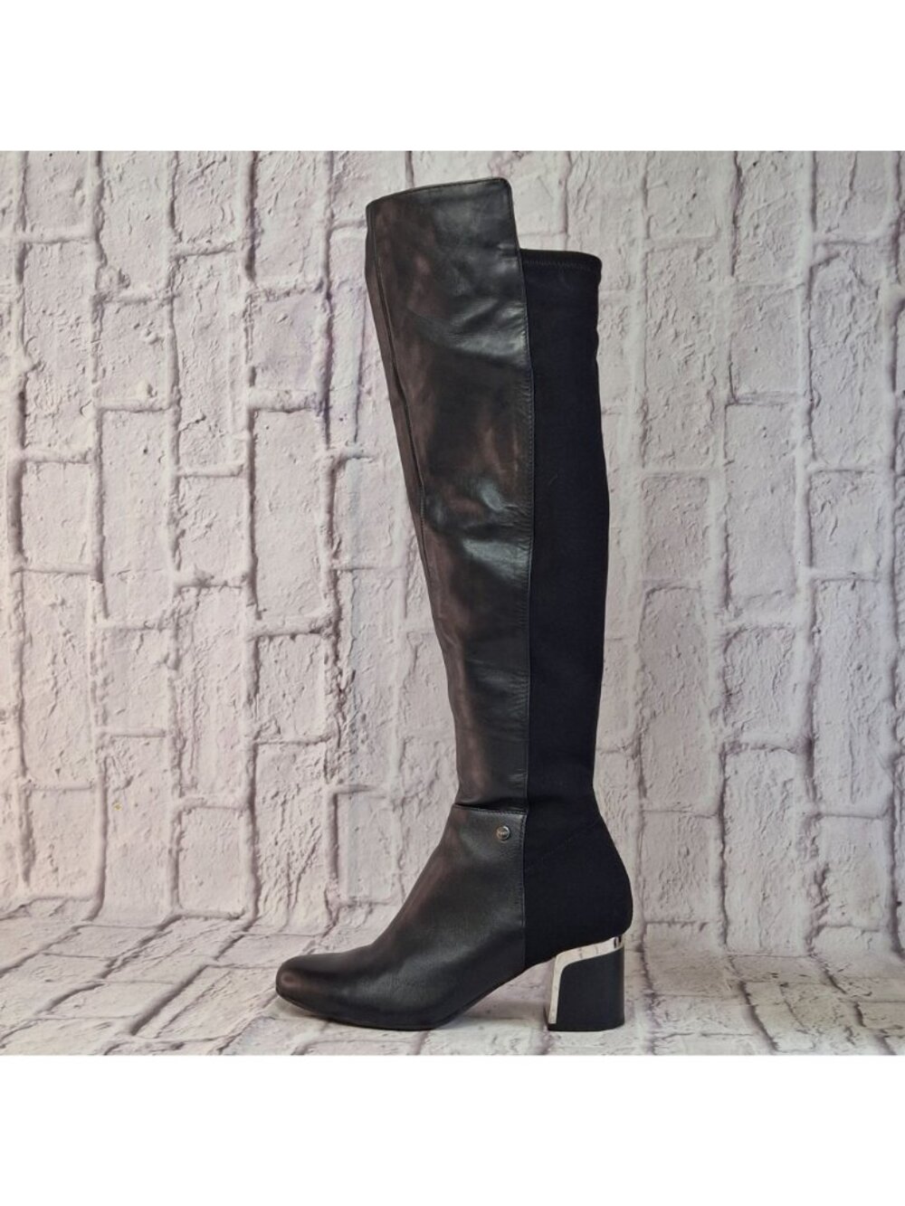DKNY Over The Knee Boots Womens Size 7M Black Leather & Textile With Block Heel